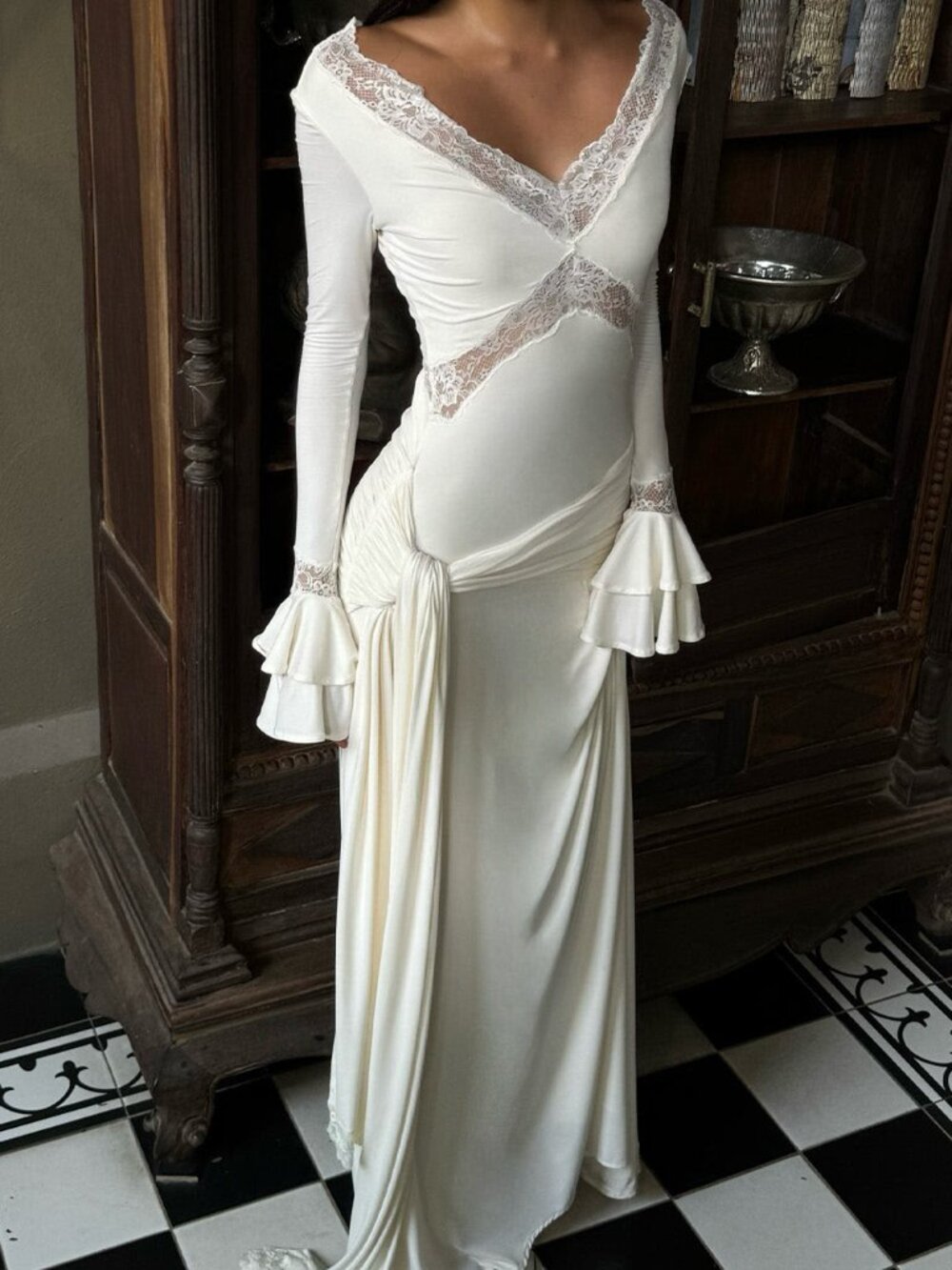 Meshki Electra Slinky Lace Maxi Dress - Ivory Size S